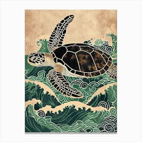 Sea Turtle & The Waves Vintage Illustration 4 Canvas Print