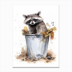 A Raccoon In A Trash Can Watercolour Illustration 2 Canvas Print