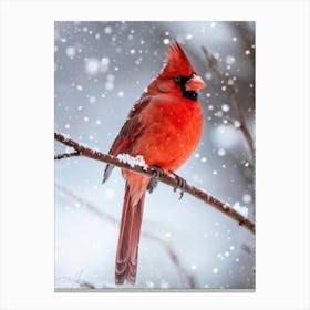 Cardinal Bird Perched On A Frost Covered Branch Vibrant Red Plumage Contrasting Against A Soft Gray Canvas Print