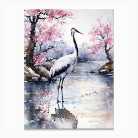 Japanese Crane Watercolor Painting With Blossom Trees | Over the Lake in Spring | Pink and Grey Mid Century Minimalist Japan Art Style in HD Canvas Print