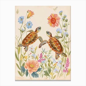 Folksy Floral Animal Drawing Turtle Canvas Print