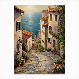 Tuscany, Oil Painting, Rustic Houses in a Village, Sea in the background Canvas Print