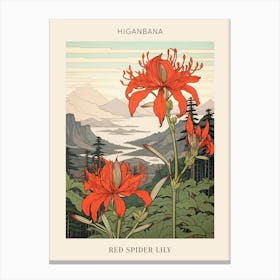 Higanbana Red Spider Lily 2 Japanese Botanical Illustration Poster Canvas Print