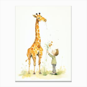 Boy Gives The Giraffe A Flower Canvas Print