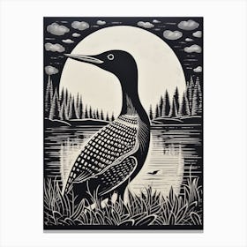 B&W Bird Linocut Common Loon 2 Canvas Print
