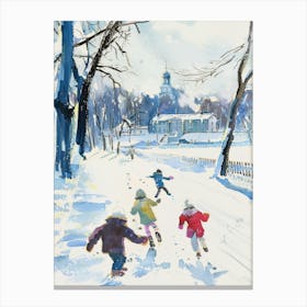 Children Playing In The Snow. Gouache City Landscape Canvas Print