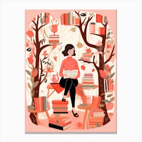 Girl Reading Books In The Forest Canvas Print
