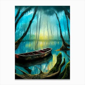 Swamp Bayou Rowboat Sunset Landscape Lake Water Moss Trees Logs Nature Scene Boat Twilight Quiet Peaceful Roots Abandoned Adventure Canvas Print