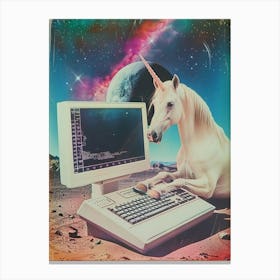 Retro Unicorn In Space With A Computer Retro Collage 2 Canvas Print
