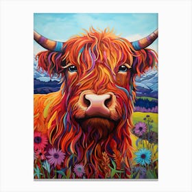 Colourful Illustration Of Highland Cow On Clear Day 2 Canvas Print
