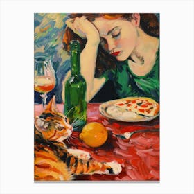 Portrait Of A Woman With Cats Eating Pizza 2 Canvas Print