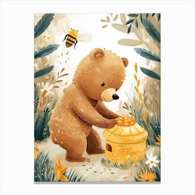 Brown Bear Cub Playing With A Beehive Storybook Illustration 3 Canvas Print