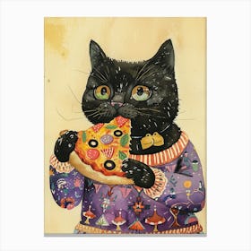Cute Black Cat Eating A Pizza Slice Folk Illustration 3 Canvas Print
