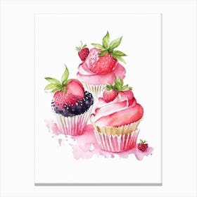 Strawberry Cupcakes, Dessert, Food Watercolour 1 Canvas Print