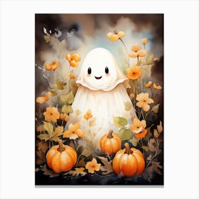 Cute Bedsheet Ghost, Botanical Halloween Watercolour 134 Canvas Print