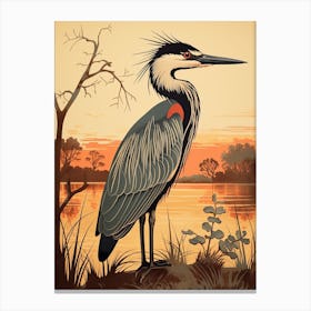 Vintage Bird Linocut Great Blue Heron 4 Canvas Print