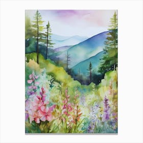 Smoky Mountains Painting, Spring Flowers, Watercolor Art, Appalachian Mountain Landscape Wall Art, Mountain Forest Print..187 Canvas Print