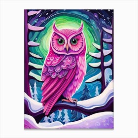 Pink Owl Snowy Landscape Painting (5) Canvas Print