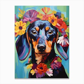 Dachshund Portrait With A Flower Crown, Matisse Painting Style 1 Canvas Print
