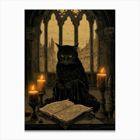 A Spooky Black Cat Reading A Book With Candles Canvas Print