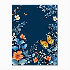 Blue And Orange Flowers, Butterfly And Flowers Wallpaper Canvas Print