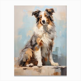 Australian Shepherd Dog, Painting In Light Teal And Brown 0 Canvas Print