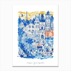 Prague Czech Republic Illustration Line Art Travel Blue Canvas Print