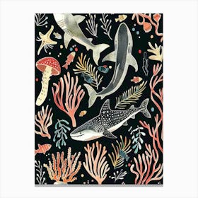 Shark Pattern Seascape Black Background Illustration 1 Canvas Print
