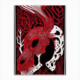 Animal Skull Red 2 Linocut Canvas Print