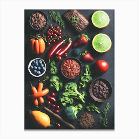 Healthy Foods On Black Background Canvas Print