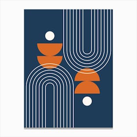 Modern Mid Century Sun, Moon Phases and Rainbow Abstract 26 in Navy Blue and Burnt Orange Canvas Print