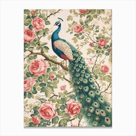 Cream Floral Vintage Peacock Wallpaper Inspired 4 Canvas Print