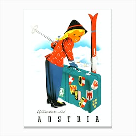 Austria, Ski Girl With Big Blue Suitcase Canvas Print