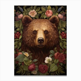 Brown Bear Portrait With Rustic Flowers 2 Canvas Print