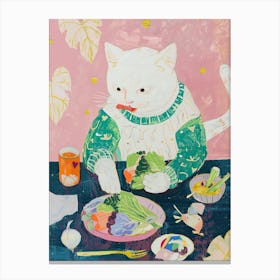 White Cat Salad Lover Folk Illustration 2 Canvas Print