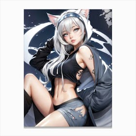 A stunning cosplay pose with a beautiful anime girl donning cat ears, blending kawaii charm with cyberpunk allure — a fantasy of cute and sexy waifu. Canvas Print