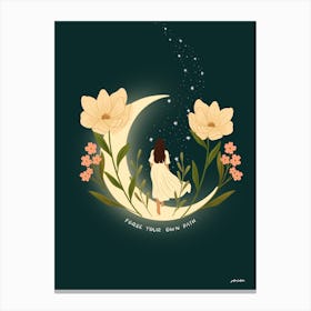 Woman And Crescent Moon, Forge Your Own Path Canvas Print