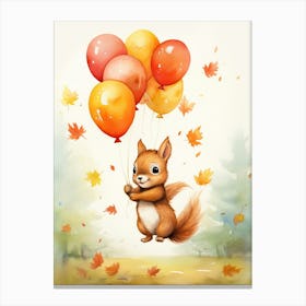 Squirrel Flying With Autumn Fall Pumpkins And Balloons Watercolour Nursery 3 Canvas Print
