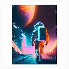 Astronaut Walking Next To Space Station Neon Nights Canvas Print