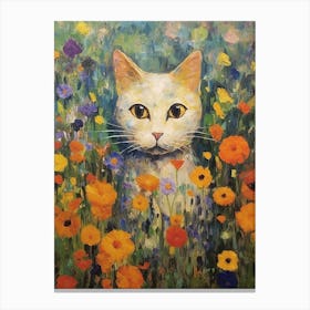 Flower Garden And A White Cat, Inspired By Klimt 2 Canvas Print