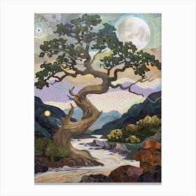 Mosaic Tree River Stones Sun Mountains Art Colorful Stylized Nature Landscape Flowing Water Greenery Sunset Canvas Print