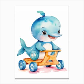 Baby Dolphin On Toy Car, Watercolour Nursery 1 Canvas Print