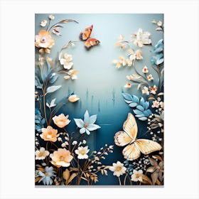 A Butterfly Toned Design With Flowers And Leaves Trees And Birds A Beautiful And Simple Picture Wall art Canvas Print