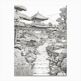 Rikugien Garden In Tokyo, Ukiyo E Black And White Line Art Drawing 3 Canvas Print