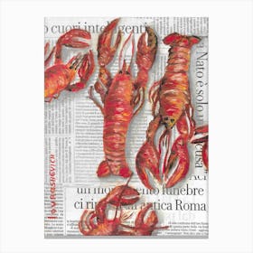 Lobsters On Newspaper Red Rustic Sea Ocean Minimal Food Decor for Kitchen  Canvas Print