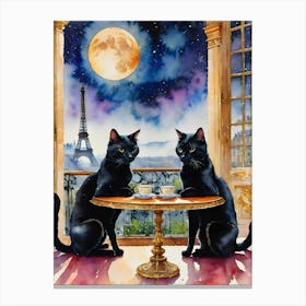Watercolor Black Cat Friends Have Tea in Paris on a Full Moon Canvas Print