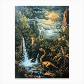 Dinosaur By A Waterfall Painting 2 Canvas Print