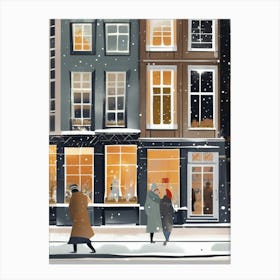 Amsterdam cafes, winter season, Christmas, autumn oil colors, pale colors, pedestrians in the street, winter clothes, falling snow.8 Canvas Print