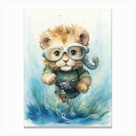 Scuba Diving Watercolour Lion Art Painting 4 Canvas Print