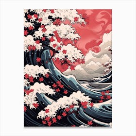 Great Wave With Cherry Blossom Flower Drawing In The Style Of Ukiyo E 4 Canvas Print